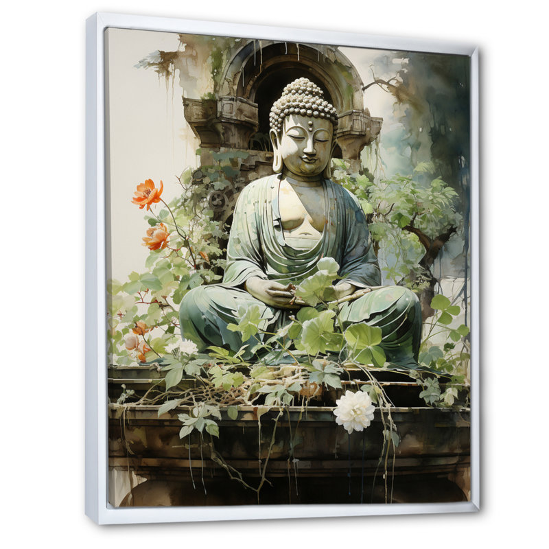 Art bouddhiste vert, art bouddhas sur toile, L 12 po x H 20 po, Cadre flottant blanc