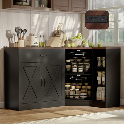 Corner Cabinet With Charging Station, Kitchen Pantry Cabinet With 2 Tier Lazy Susan Turntable, Farmhouse Corner Storage Cabinet With Adjustable Shelf, L-Shaped Food Pantry Buffet Sideboard (Black)