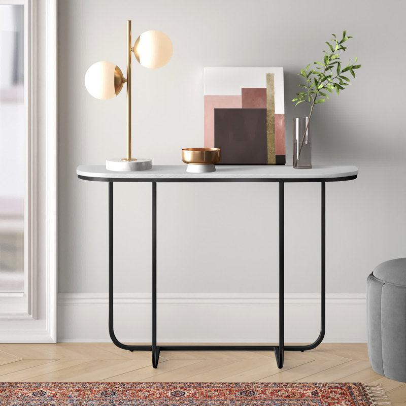 44'' Console Table, Faux White Marble, Black