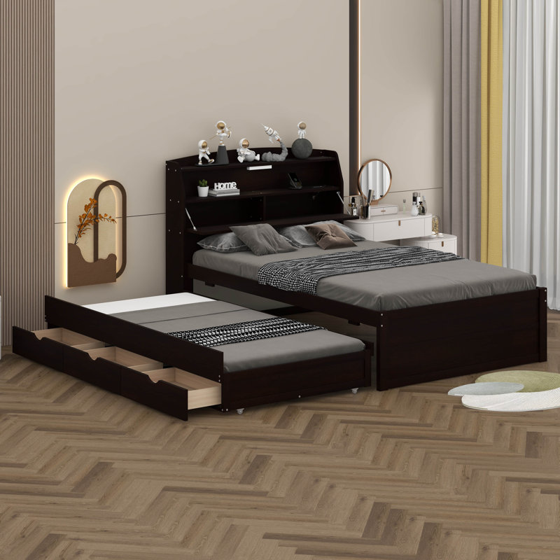 Lit plateforme double en bois avec lit gigogne et tête de lit à DEL, lit en bois avec tiroirs, prises USB, Espresso