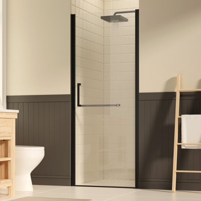 Porte de douche pivotante de 29 à 30 po de largeur et 72 po de hauteur avec verre trempé transparent de 1/4 po de 6 mm, film résistant, noir mat, installation réversible, revêtement en nano pour un nettoyage facile, s'adapte aux murs inégaux, quincaillerie rouillée