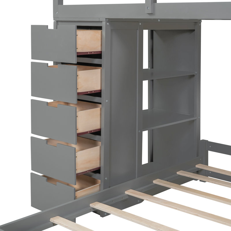 Lit superposé simple au-dessus de simple à 8 tiroirs avec bibliothèque de rangement, bureau éclairé et prises de courant