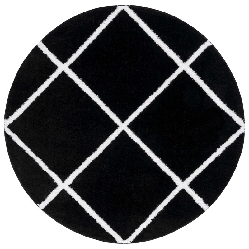 Tapis noir et blanc à motif géométrique, Rond 6 pi 7 po