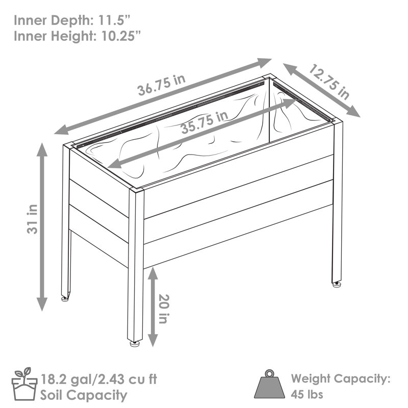 Rinda Acacia Wood Rectangular Raised Garden Bed with Legs - 36.75" x 12.75" x 31" - Gray, Gray