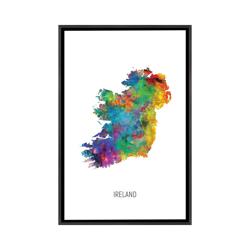 Carte de l'Irlande par Michael Tompsett - impression d'art graphique, Toile avec cadre noir patiné, Pas de tapis