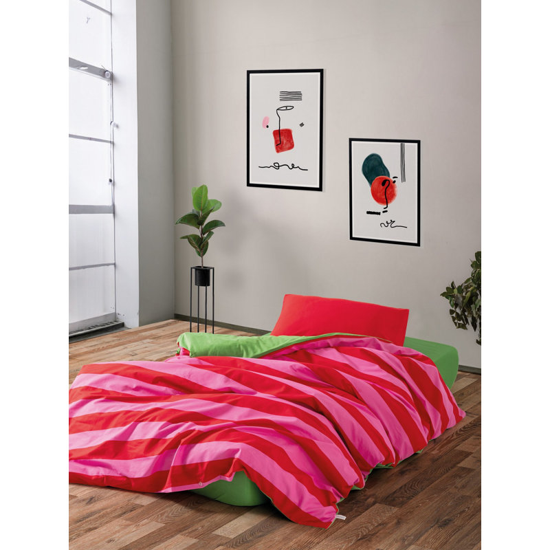 Ranforce Single XXL Quilt Cover Set, 60.6 x 86.6 in | 100% Cotton, Reactive Printing, Machine Washable, 145 Thread Count | Includes 1 Pillowcase (31.5 x 31.5 in) with Envelope Closure | Elegant Green, Pink & Fuchsia Design