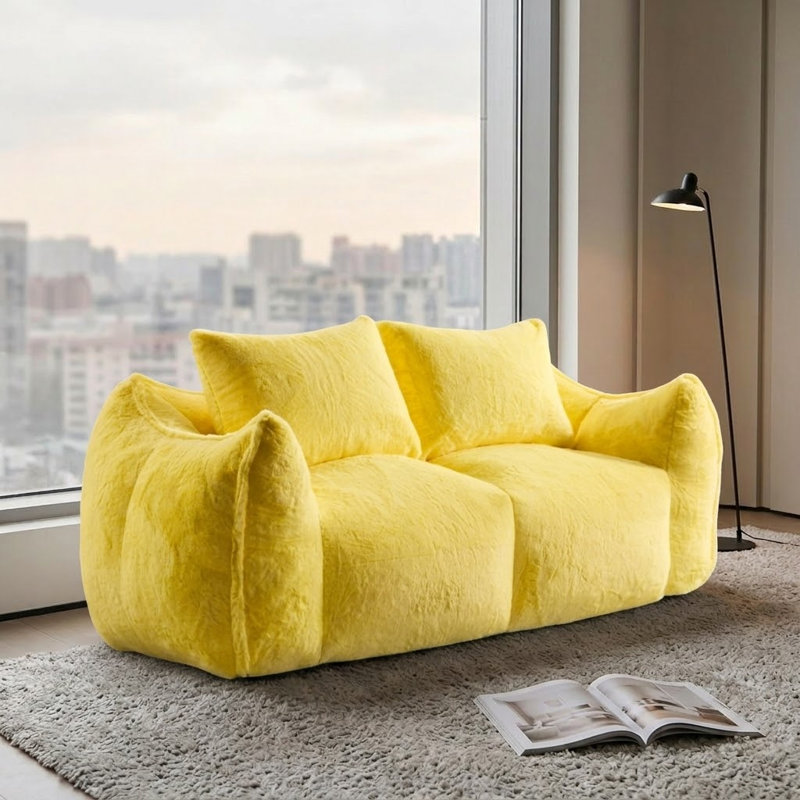 Modern Oversized Bean Bag Loveseat Sofa,Plush Fluffy Lounge Chair with Pillows for Living Room and Bedroom, Yellow 