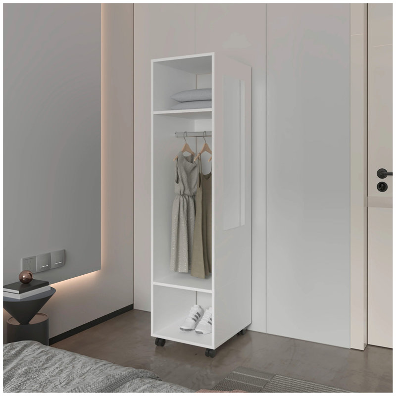 3-Shelf Wardrobe with Mirror and Open Storage, White