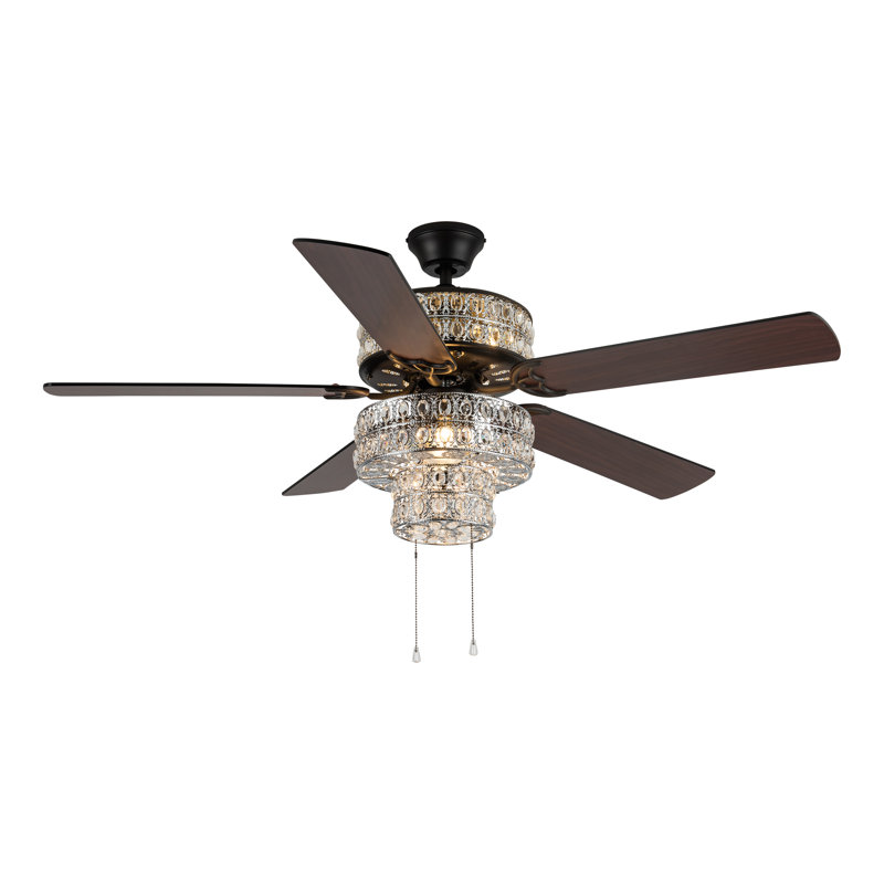 Ventilateur de plafond double à 5 pales 52 "avec abat-jour orné en métal 52" Dashal, Argenté / Transparent