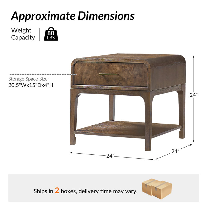 Table de chevet d'angle à 1 tiroir l 24 po avec station de charge Amandine, Walnut