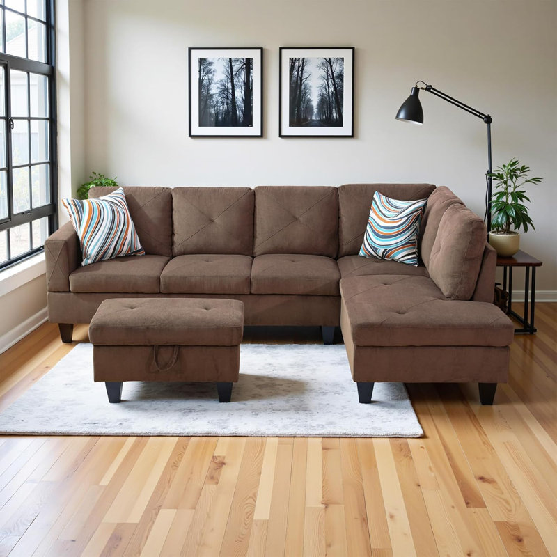 3-Piece Microfiber Sectional Sofa, Right Hand Facing, Brown Microfiber