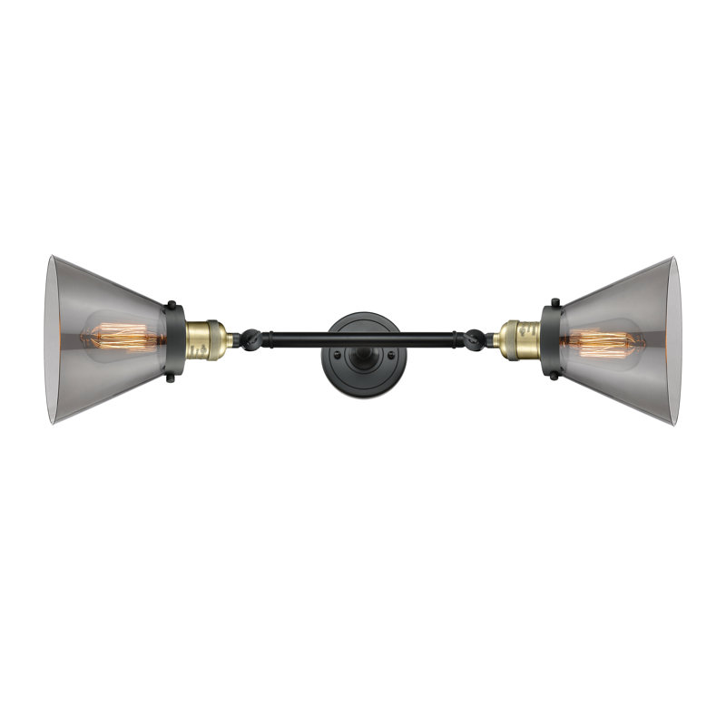 Cone 2 Light Bath Vanity Light, Smoked, 6 Watt Vinage LED Bulb, Black Antique Brass