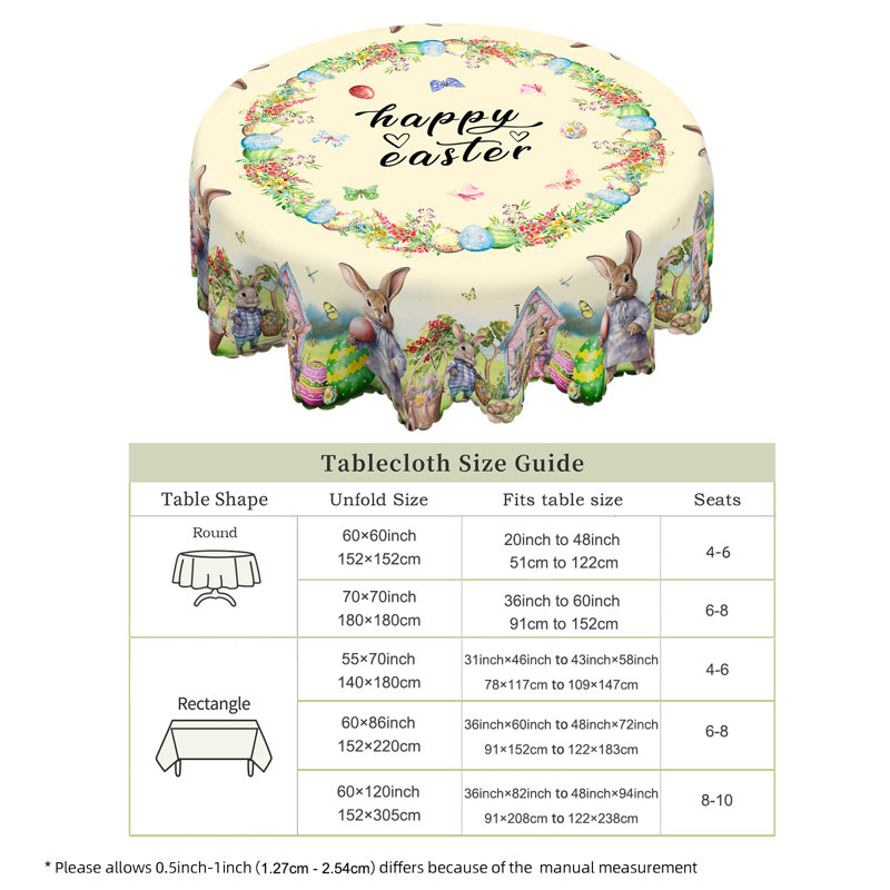 Machine-washable polyester Easter bunny pattern tablecloth, 86.8" L x 70.8" W