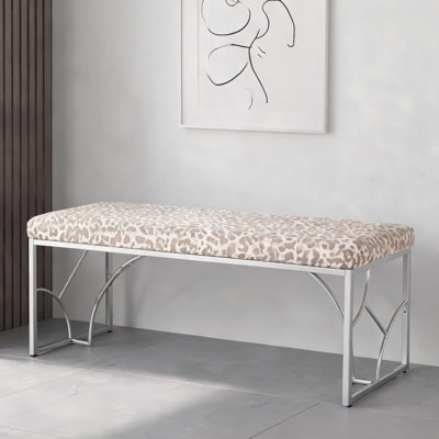 Slate Gray Leopard Fabric Padded Upholstered Silver Metal Contemporary 2-Person Entryway Bench for Indoor Use