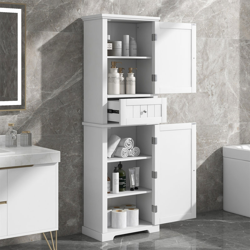 Grande armoire de rangement pour salle de bain, armoire de rangement autoportante avec tiroir et tablette réglable, panneau de fibres à densité moyenne avec finition peinte
