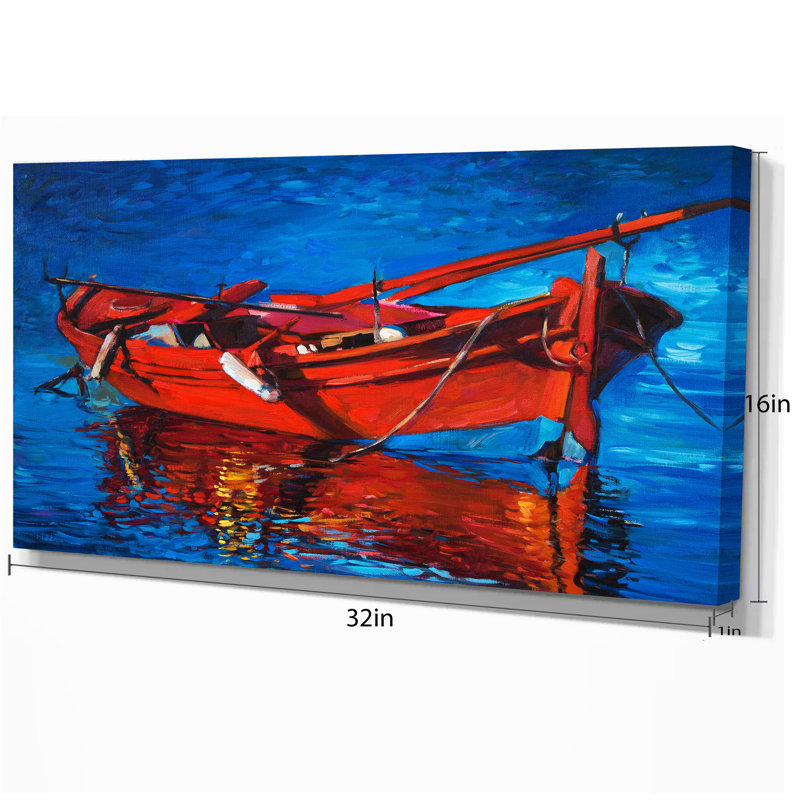 « red bateau over the ocean », peinture, H 16 po x l 32 po x P 1 po, Toile tendue