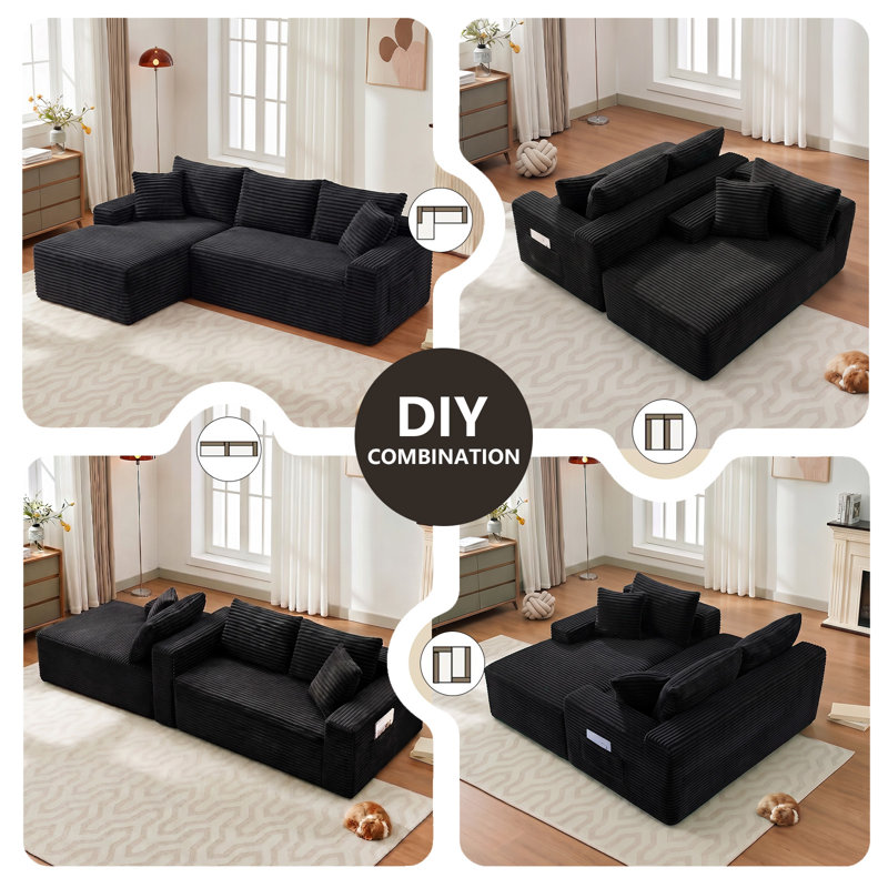 Canapé d'angle en L sans ossature et à compression de 240 cm (94,5 po), avec méridienne à gauche, noir