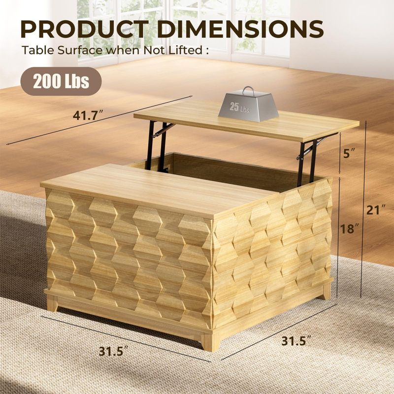 Table basse à plateau relevable avec système de levage hydraulique, rangement caché, rails supérieurs coulissants, conception en bois texturé 3D, table de salon moderne de 41,7 po