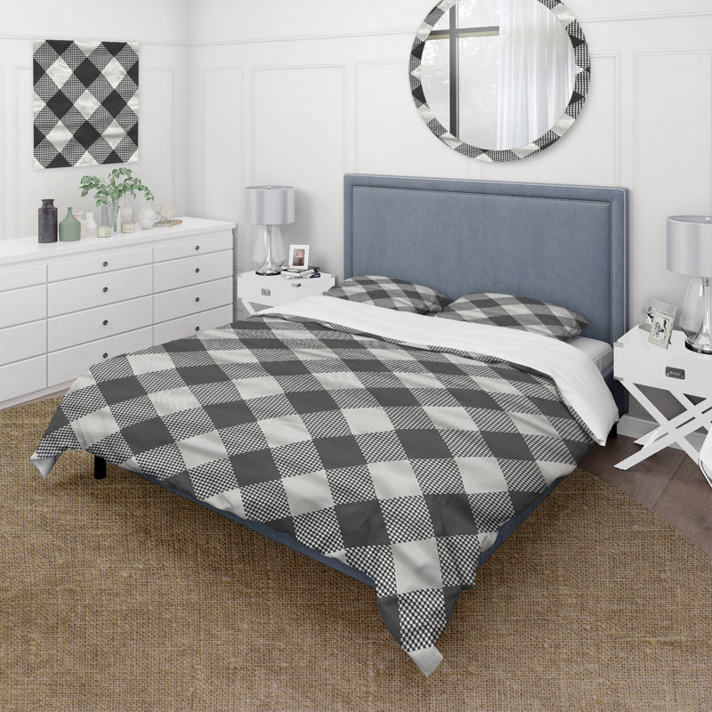 Ensemble de housse de couette traditionnel noir à motif pied-de-poule I, Housse de couette pour grand lit et 2 taies décor