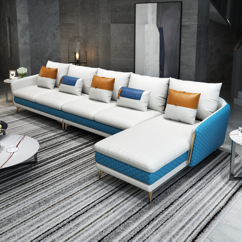Ellaville Upholstered Sectional, Right Hand Facing, Off White/Blue Genuine Leather