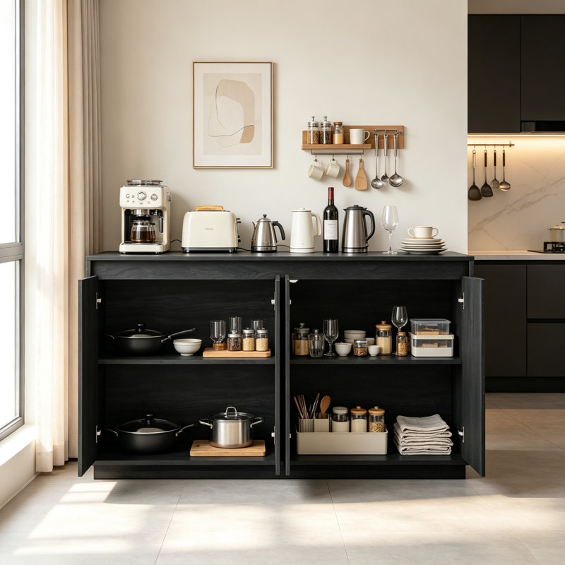 Buffet en bois avec prise de courant, Noir