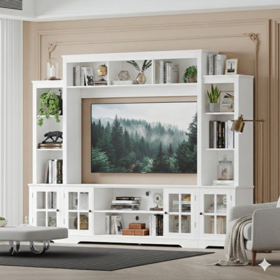 Meuble télé blanc avec grand rangement et étagères, servant de centre de divertissement pour les téléviseurs de 65 po ou moins. Une console multimédia pour le salon mesurant l 100 po x P 15,7 po x H 78,7 po.