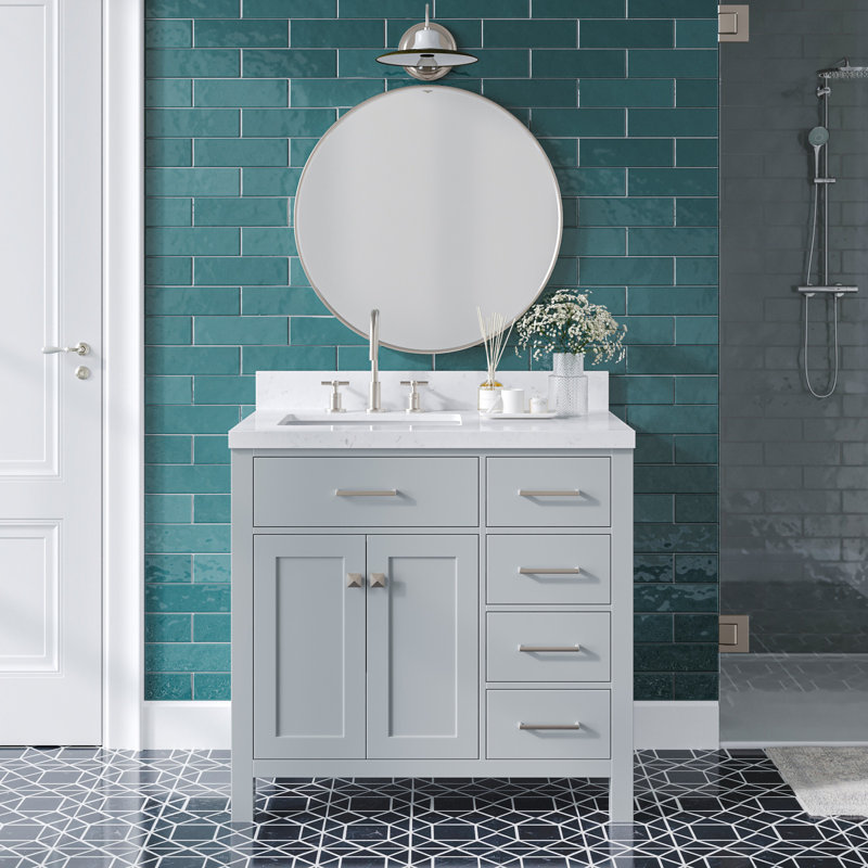 Ensemble de meuble-lavabo simple Macnair avec quartz Carrara blanc, Rectangulaire, Gris, 36"
