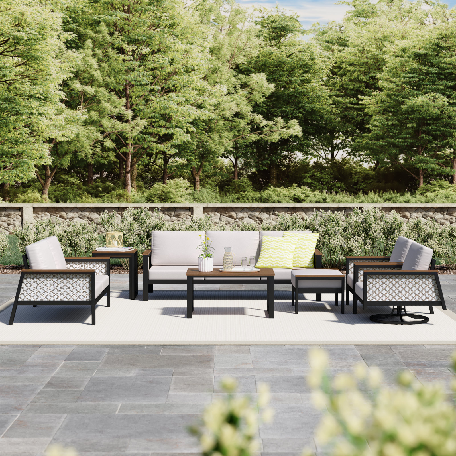Townsend 7-Person Acrylic Sofa Seating Group with Cushions , Canvas White/Voyage Dune Fabric