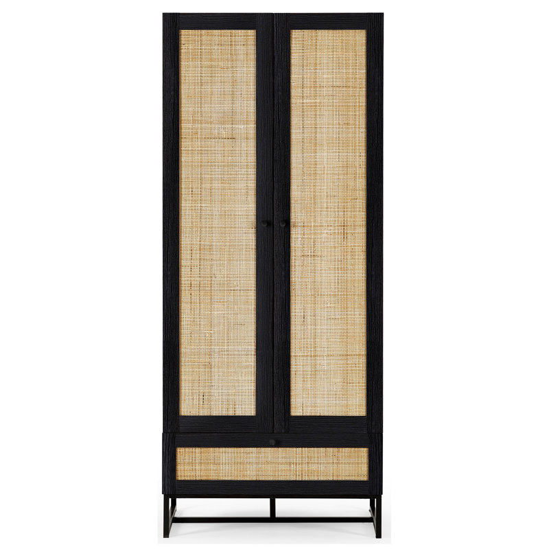 Reese 2 Door 1 Drawer Wardrobe, Black/Rattan
