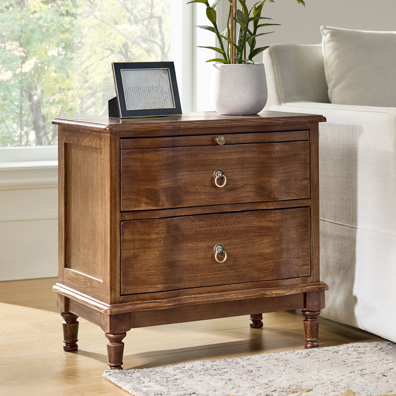 Elfine Traditional 26''W 2-Drawer Solid Wood End Table with Built-In Outlet and Curved Drawer Fronts, Cherry