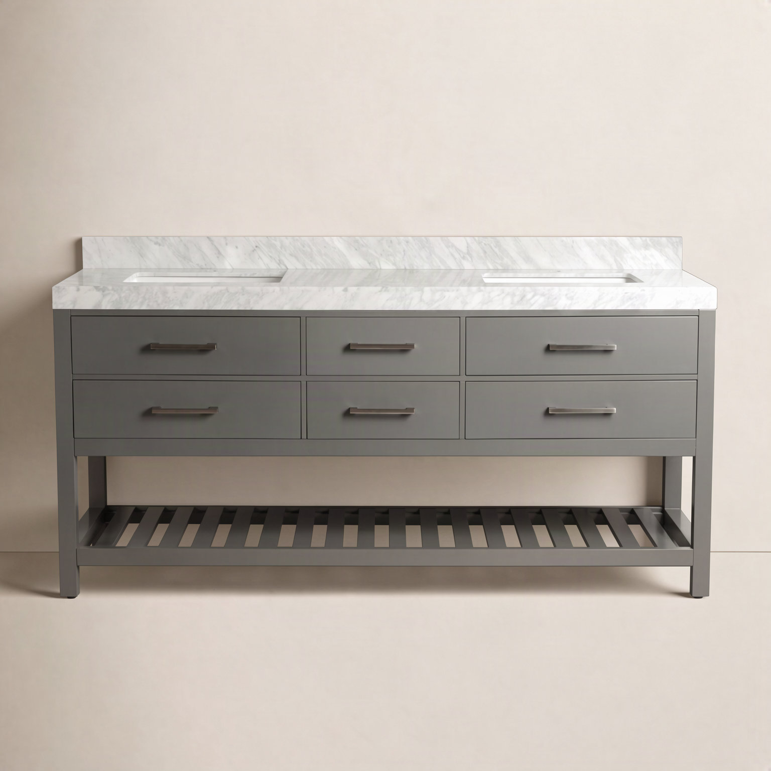 Carrie 72" Carrara Marble Double Bathroom Vanity, Sapphire Gray | Brushed Nickel