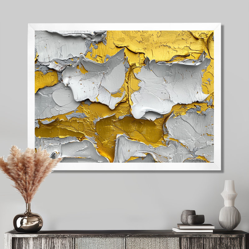 Jaune et gris abstrait Grove Harmony II - Art abstrait de suprématisme, H 12 po x l 20 po, Cadre flottant, Blanc