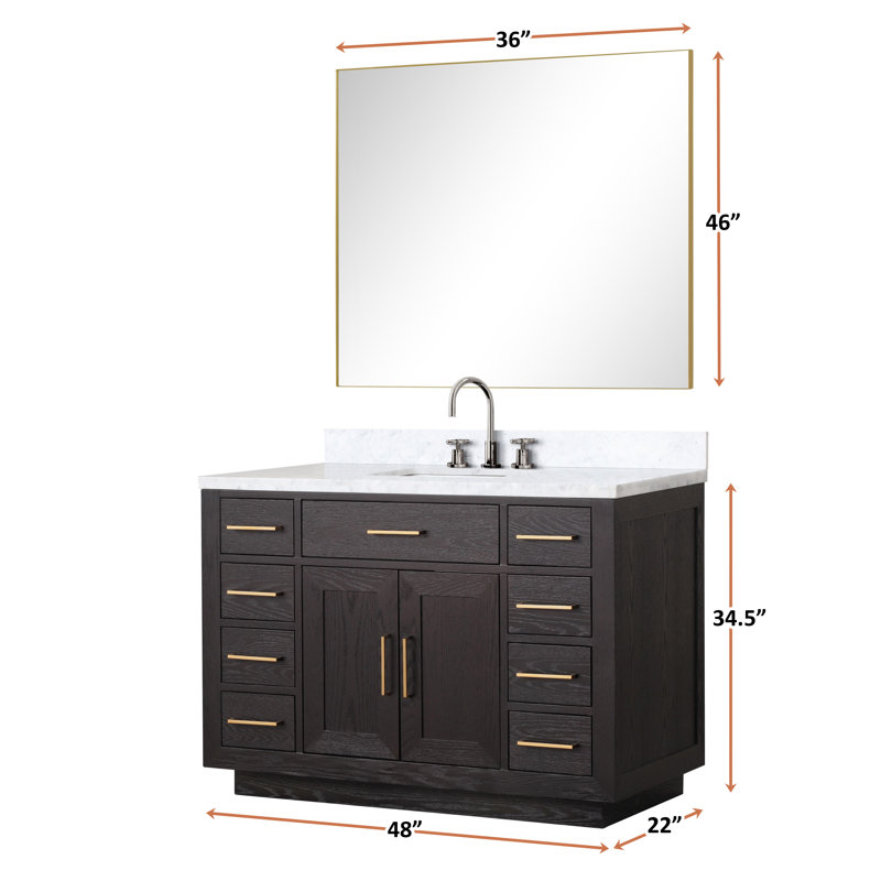 48" Single Bathroom Vanity Set with Mirror, White Carrara Marble, Black Oak