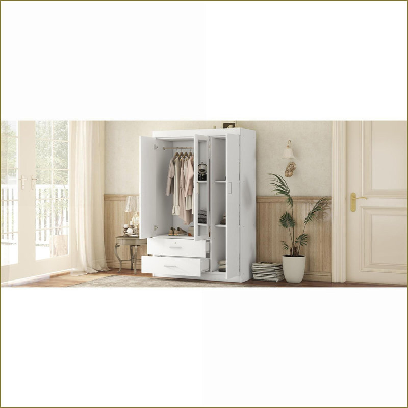 Wardrobe, 3-Door with Full-Length Mirror, MDF | White | Plywood, White