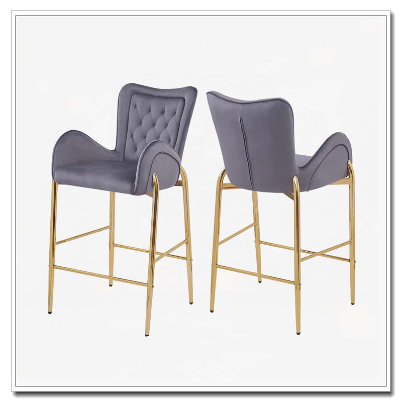 Tabourets en velours avec pieds et repose-pieds dorés, Gris