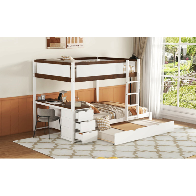 Lit superposé double avec lit gigogne simple, rangement et bureau, blanc et noyer