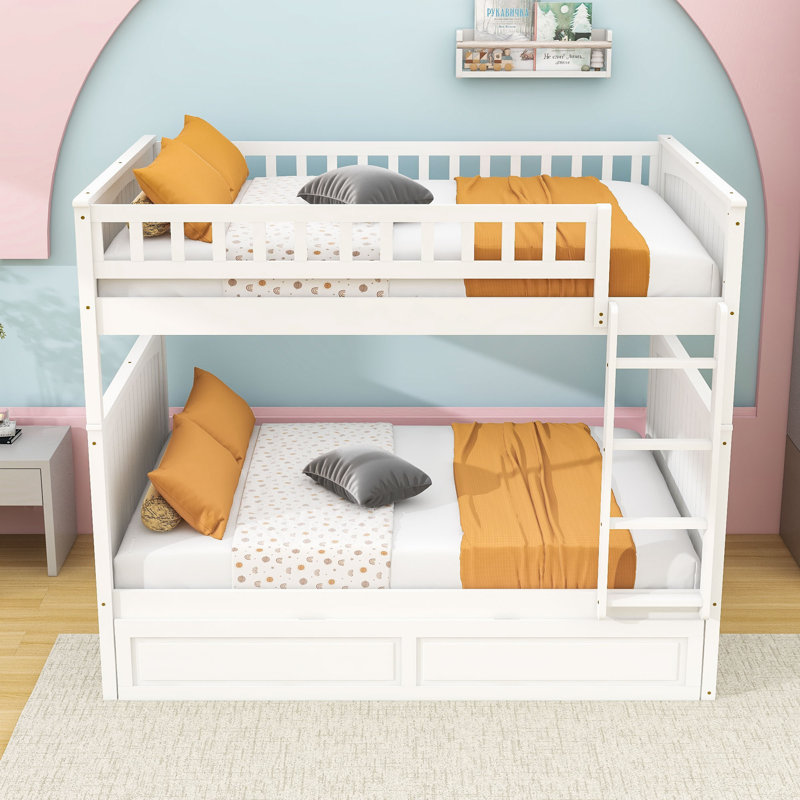 Full Over Full Bunk Bed With Twin Trundle, Guardrails And Ladder, Convertible Into Separate Beds, White