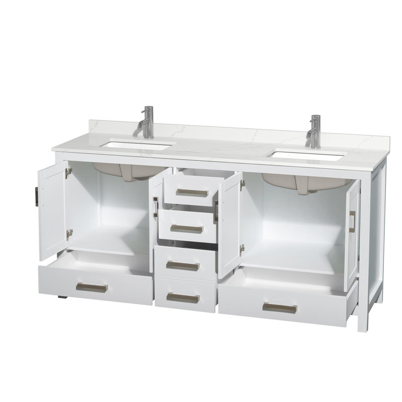 Meuble-lavabo double autoportant 72 po avec plateau en quartz Sheffield, Blanc, Chrome, Quartz Giotto