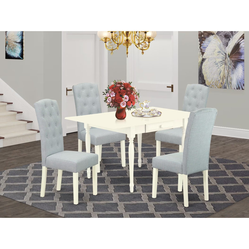 5 Piece Dining Table Set Includes a Rectangle Kitchen Table with Dropleaf and 4 Baby Blue Linen Fabric Upholstered Chairs, Linen White