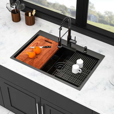 Évier de cuisine à encastrer 91 x 56 x 23 cm (36 x 22 x 9 pouces) noir canon de fusil avec robinet extractible, distributeur de savon et revêtement nano anticondensation pour une résistance accrue à l'usure.