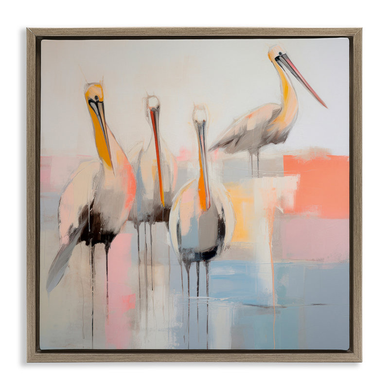 Abstrait, "Pelicans", toile grise encadrée par Irena Orlov, Cadre flottant orme Montalcino, H 18 po x l 18 po