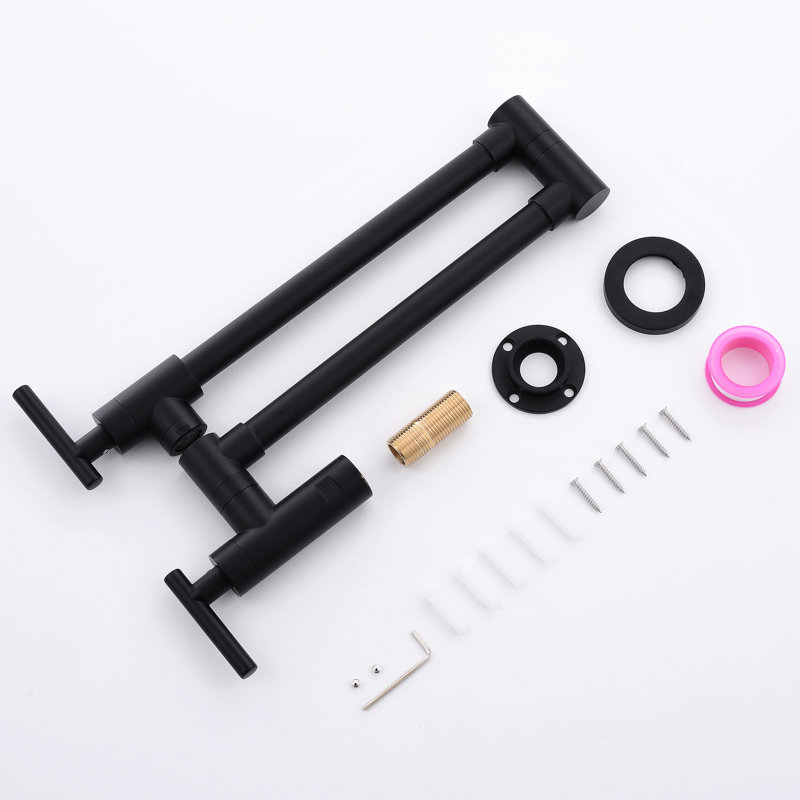 Black Pot Filler Faucet - Brass Wall Mount, Commercial, Stretchable Double Joint Arms For Kitchen Mount Finish With Dual Swing