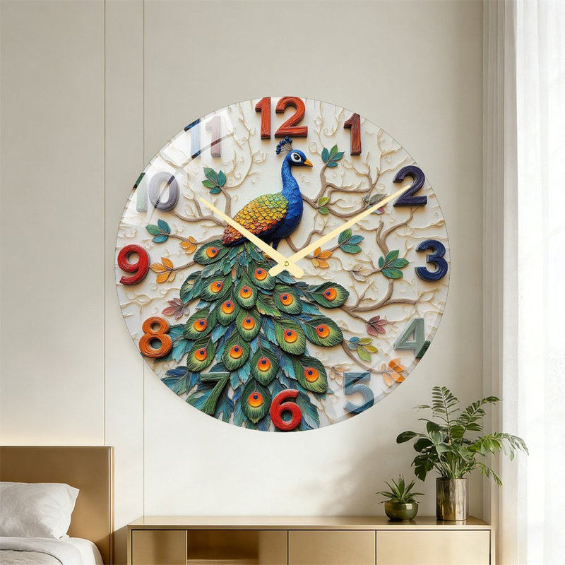 Horloge murale décorative Paon coloré - Horloge murale moderne en verre de 61 cm (24 po)