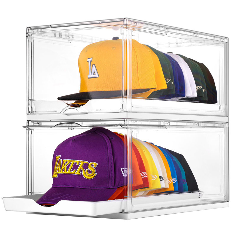 2 Pack Hat Organizer For Baseball Caps, Clear Hats Holder Box With Drawer, Large Cap Storage With Sliding Tray, Stackable Rack Display Case With Magnetic Door, Each Holds 12 Hats