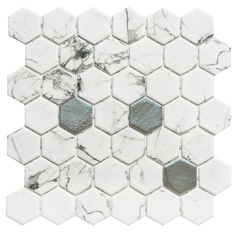 Eterna Hexx 2" x 2" Hexagon Glass Mosaic Wall & Floor Tile, Fosco Argent