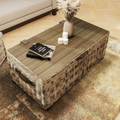 Aliyaha Handmade Kubu Rattan Coffee Table. Lift Top Ottoman Storage. Lined Interior.