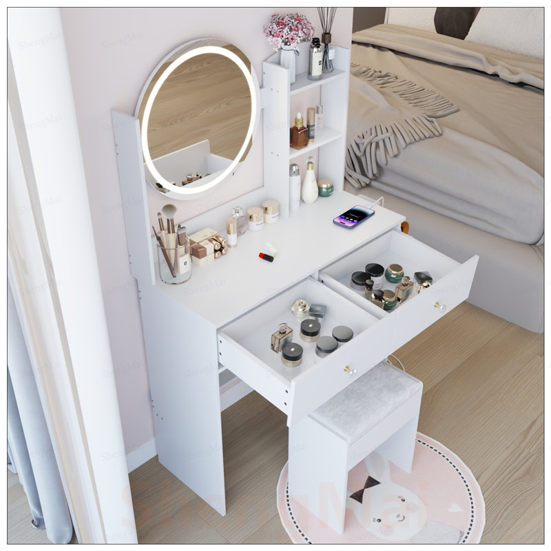 Table de coiffeuse ronde à miroir DEL avec tabouret rembourré, luminosité réglable, 2 prises d'alimentation CA + 2 prises USB, grand rangement