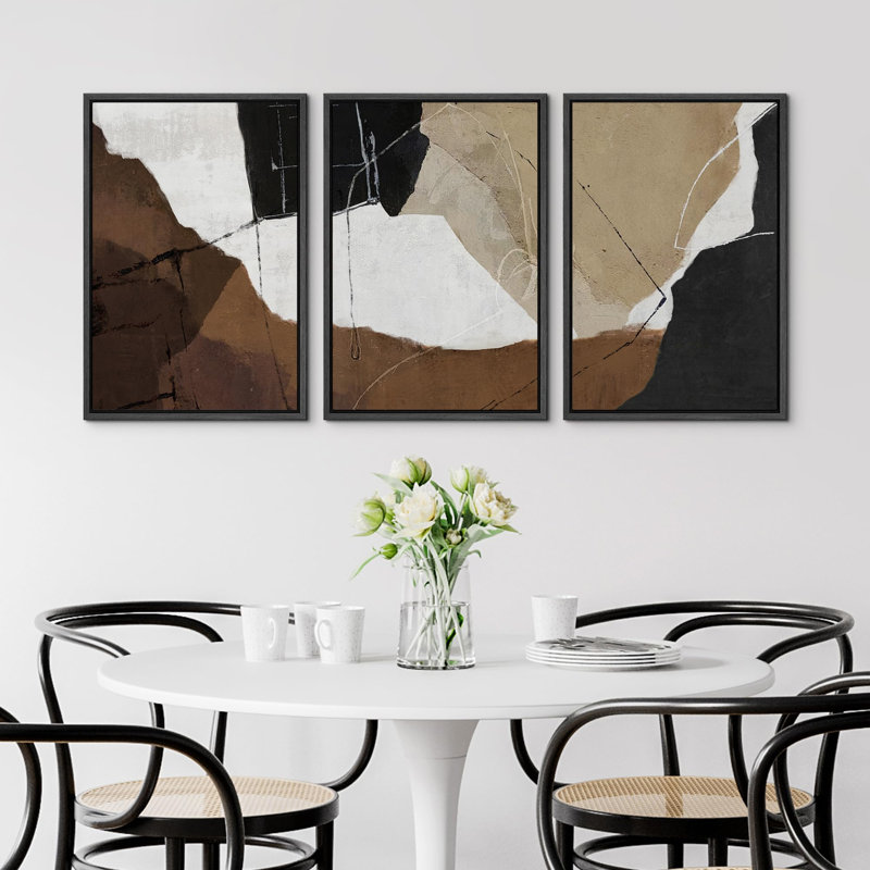 "Brun clair, blocs, style Mid-Century abstrait, formes, art, décor, salon chic", 3 pièces, Noir, H 36 po x l 24 po