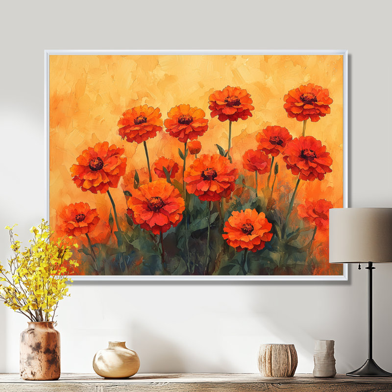 Uttoxeter - Zinnias, reproduction sur toile, H 30 po x l 40 po, Reproduction avec cadre flottant, Blanc