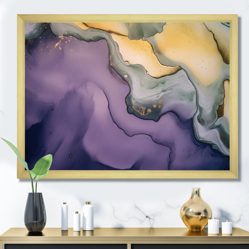 " Purple And Grey Marble Ink Clouds III ", 30" H x 40" W x 1.5" D, Gold Picture Framed